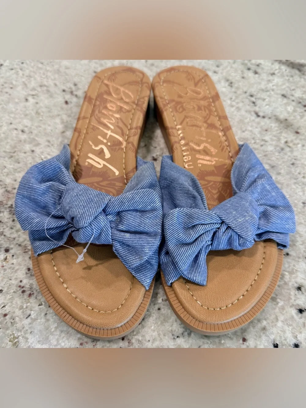 Light Blue Denim Bow Slide Sandals by Blowfish Malibu